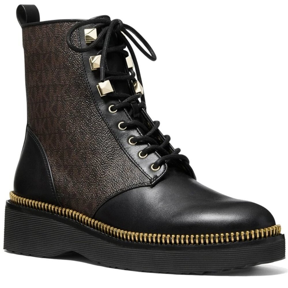 Michael Kors Haskell Crinkled Leather and Logo Combat Boot. 10